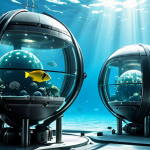 Futuristic underwater city, spherical and cylindrical structures, titanium and carbon fiber materials, artificial lighting mimicking sunlight, research labs, resource extraction facilities, potential for tourism, deep-sea creatures visible outside the city.