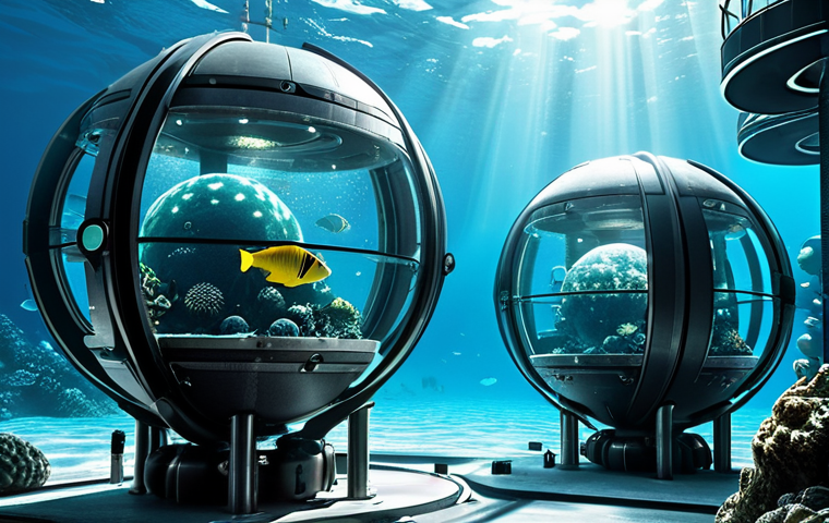 Futuristic underwater city, spherical and cylindrical structures, titanium and carbon fiber materials, artificial lighting mimicking sunlight, research labs, resource extraction facilities, potential for tourism, deep-sea creatures visible outside the city.