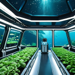 A futuristic underwater farm with LED lighting, cultivating crops in a closed, high-pressure environment, resembling a space station's botanical garden, with advanced technology and transparent walls showing the deep sea outside.