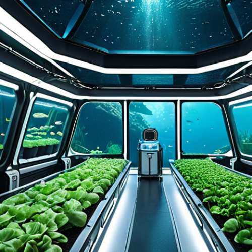 Home 18 A futuristic underwater farm with LED lighting, cultivating crops in a closed, high-pressure environment, resembling a space station's botanical garden, with advanced technology and transparent walls showing the deep sea outside.
