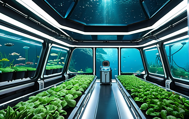 A futuristic underwater farm with LED lighting, cultivating crops in a closed, high-pressure environment, resembling a space station's botanical garden, with advanced technology and transparent walls showing the deep sea outside.