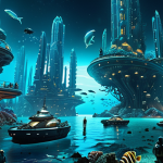 A futuristic underwater city bustling with activity, showcasing advanced technology and resource extraction, bioluminescent sea creatures illuminating the scene, emphasizing the potential for economic growth and innovation in deep-sea colonization.