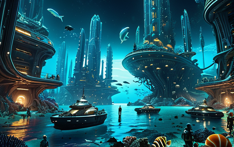 A futuristic underwater city bustling with activity, showcasing advanced technology and resource extraction, bioluminescent sea creatures illuminating the scene, emphasizing the potential for economic growth and innovation in deep-sea colonization.