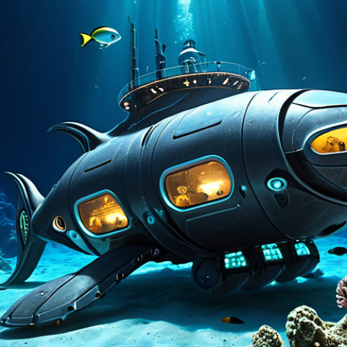 Home 8 A sprawling, futuristic deep-sea city, robustly constructed with advanced, transparent titanium alloys and ultra-high-strength ceramic composites. The modular structures glow softly with integrated sustainable energy sources like geothermal and OTEC, illuminating the perpetual darkness. Autonomous underwater robots are subtly visible, engaged in precision construction. Bioluminescent marine life, including exotic deep-sea creatures, gracefully navigates around the city, emphasizing a harmonious coexistence between human ingenuity and the mysterious ocean environment. The scene should evoke wonder and the triumph of technology over extreme conditions.