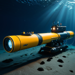 An advanced Autonomous Underwater Vehicle (AUV) meticulously exploring a vast, dark deep-sea environment. Its powerful, focused lights illuminate intricate hydrothermal vent formations and unique geological structures on the seabed. The AUV is sleek and modern, equipped with high-resolution sensors and data collection instruments. Professional photography, high quality, realistic, detailed, safe for work, appropriate content, family-friendly, perfect anatomy, correct proportions, professional exploration scene.