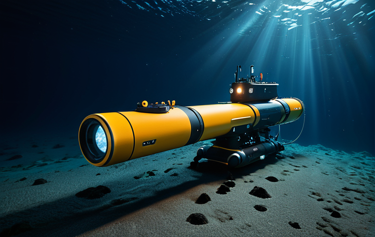 An advanced Autonomous Underwater Vehicle (AUV) meticulously exploring a vast, dark deep-sea environment. Its powerful, focused lights illuminate intricate hydrothermal vent formations and unique geological structures on the seabed. The AUV is sleek and modern, equipped with high-resolution sensors and data collection instruments. Professional photography, high quality, realistic, detailed, safe for work, appropriate content, family-friendly, perfect anatomy, correct proportions, professional exploration scene.